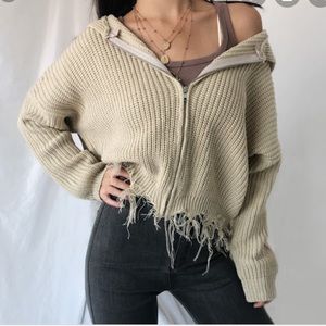 Women Zip Up Knit Hooded Cardigan with Raw Hem